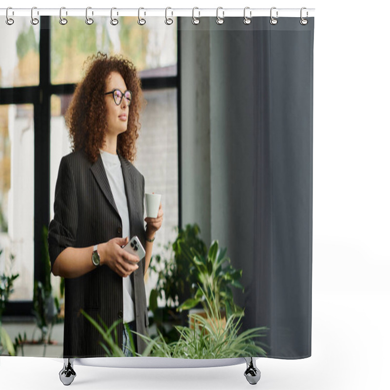 Personality  A Woman Stands In A Cozy Space, Sipping Coffee And Checking Her Phone Amidst Greenery. Shower Curtains