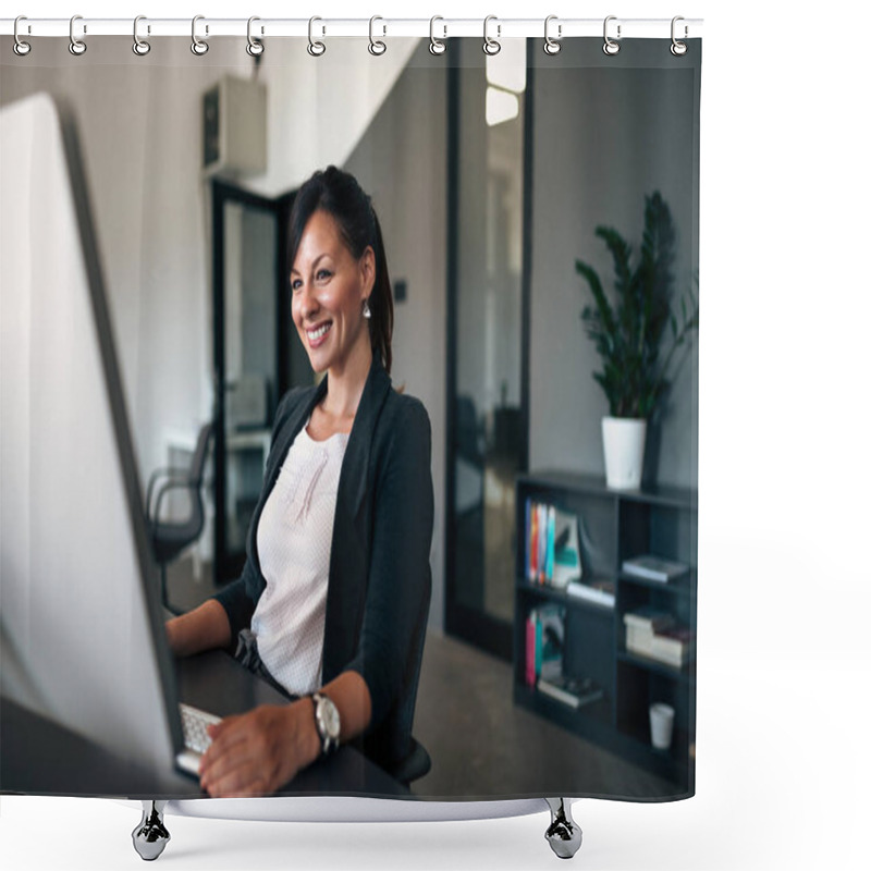 Personality  Portrait Of Charming Administrative Manager In The Office. Shower Curtains