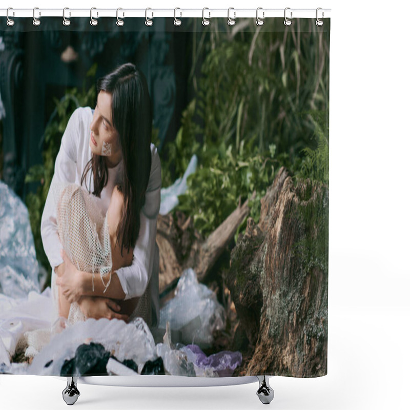 Personality  A Woman In White Clothing Sits Amidst A Pile Of Plastic Waste In A Swampy Environment. Shower Curtains