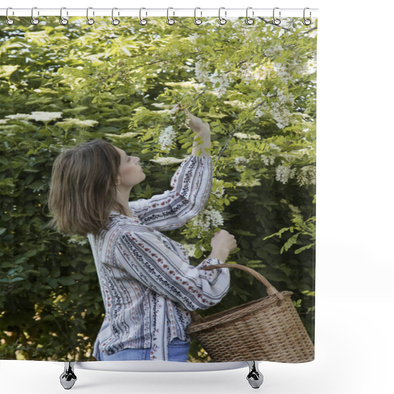 Personality  Woman Harvesting White Acacia Flowers In Rural Area. Shower Curtains