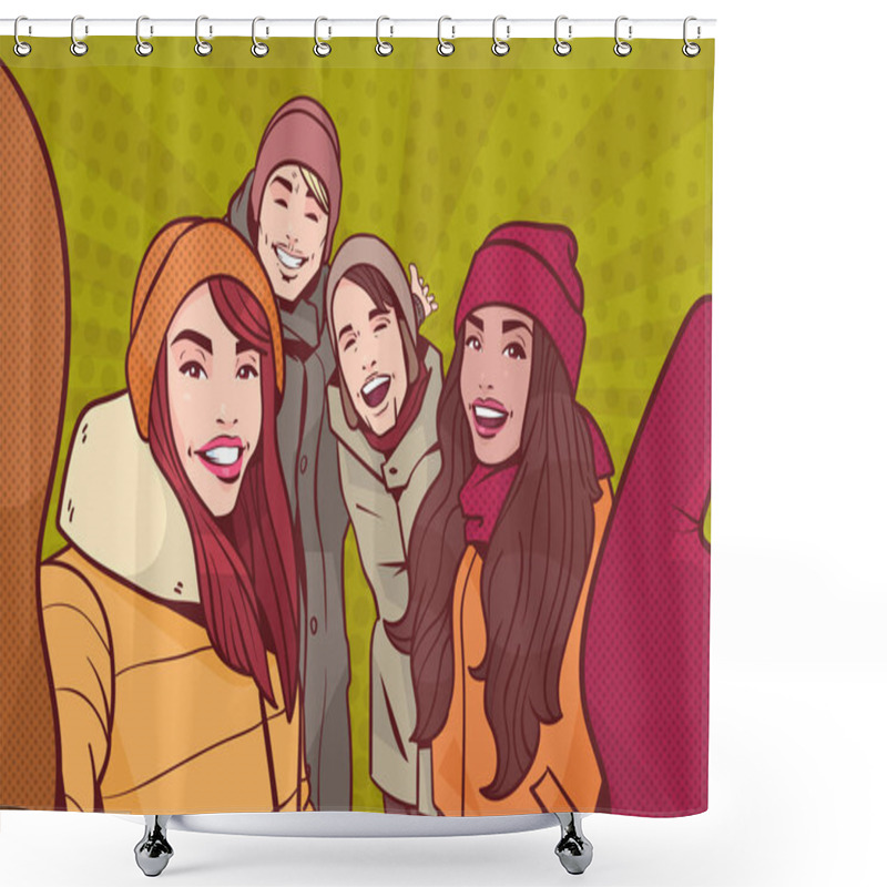 Personality  Group Of Young People Making Selfie Photo Wearing Winter Clothes Over Colorful Retro Style Background Mix Race Man And Woman Happy Smiling Take Self Portrait Shower Curtains