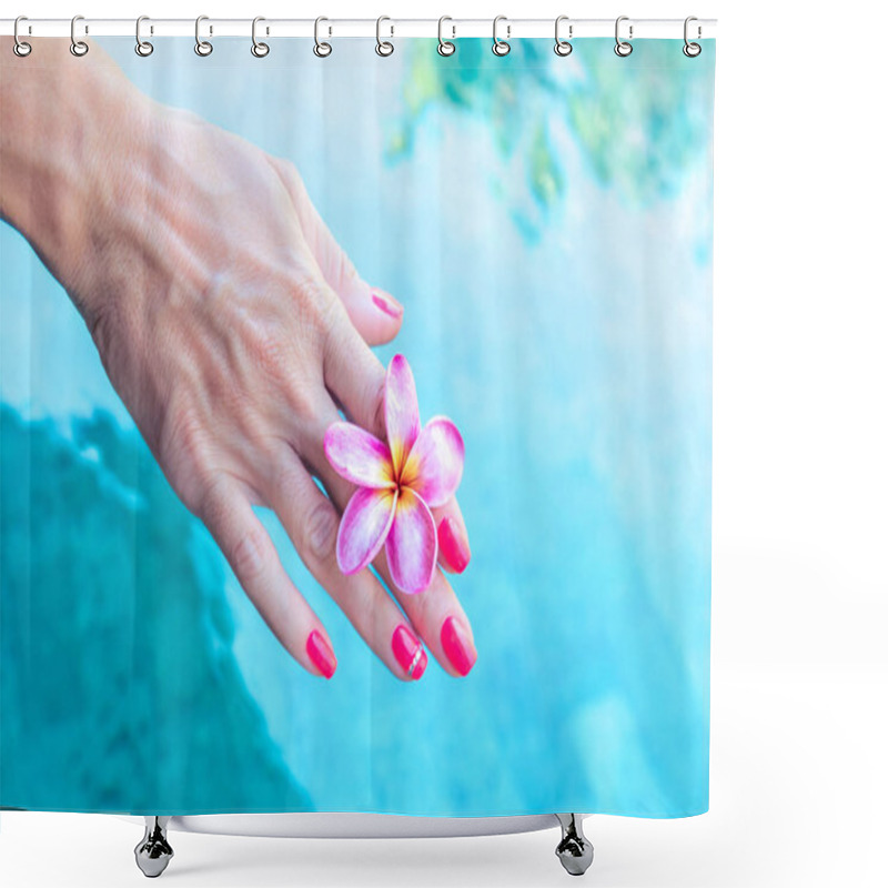 Personality  Plumeria Frangipani Flower In Woman Hand On A Swimming Poolbackground Shower Curtains