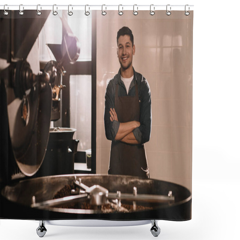 Personality  Portrait Of Smiling Coffee Roaster Standing At Roasting Machine And Looking At Camera Shower Curtains