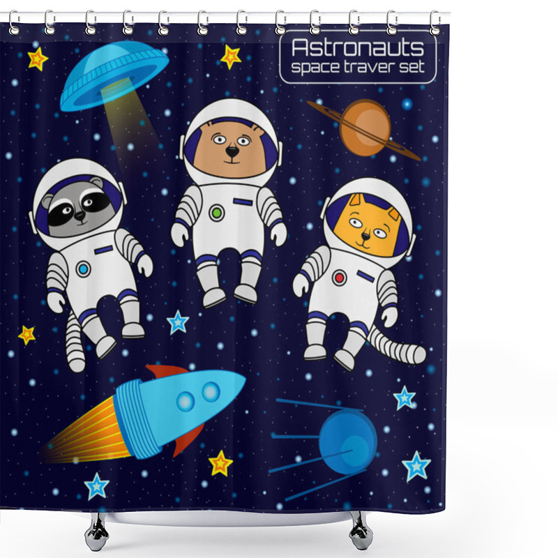 Personality  Set Of Cat, Bear And Raccoon Astronauts Cosmonauts Rocket, Ufo, Shower Curtains