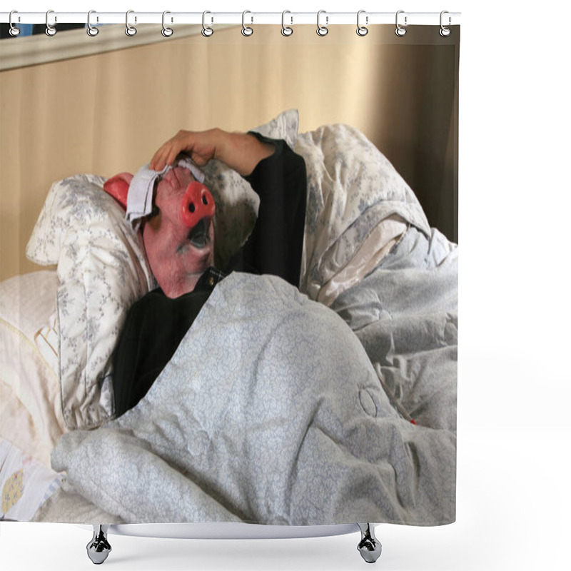 Personality  Pig Holds A Large Cooking Thermometer Representing The Mexican Swine Flu Pandemic. Pig Sick In Bed With The Swine Flu. Swine Flu Pig H1N1.  Shower Curtains