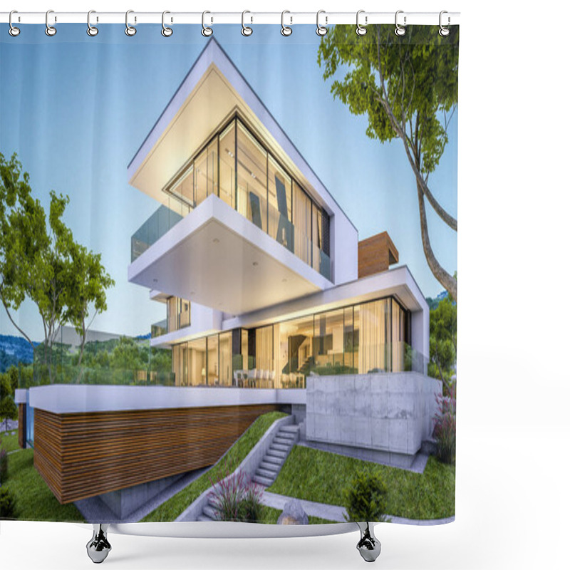 Personality  3d Rendering Of Modern Cozy House By The River With Garage For Sale Or Rent With Beautiful Mountains On Background. Clear Summer Evening With Blue Sky. Cozy Warm Light From Window. Shower Curtains