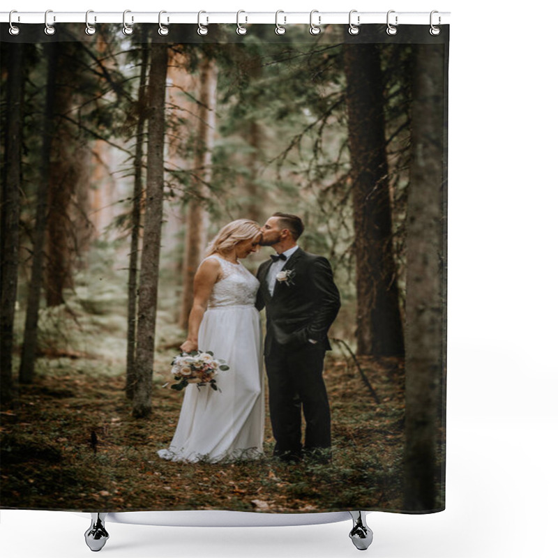 Personality  Valmiera, Latvia - July 14, 2023 - In A Dimly Lit Pine Forest, A Bride And Groom Share An Intimate Kiss. She Holds A Bouquet; Their Attire Contrasts With The Natural Surroundings. Shower Curtains