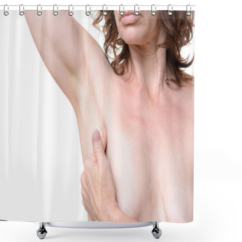 Personality  Woman Checking The Lymph Nodes Under Her Arm Shower Curtains