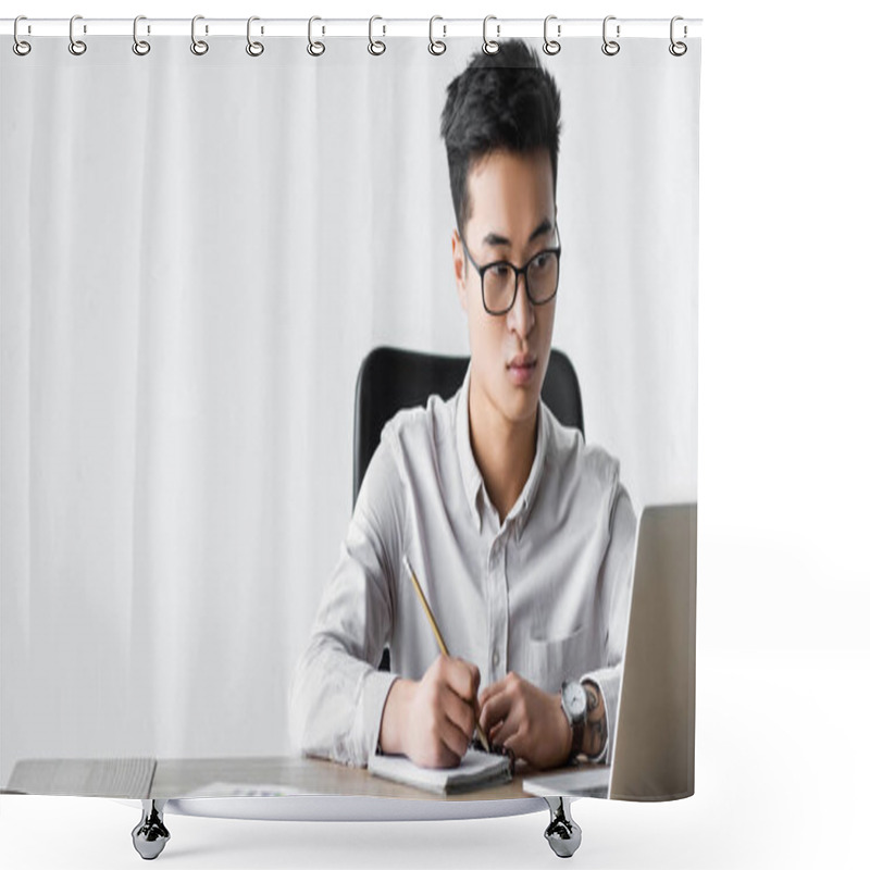 Personality  Panoramic Shot Of Asian Seo Manager Holding Pencil And Looking At Laptop During Webinar  Shower Curtains