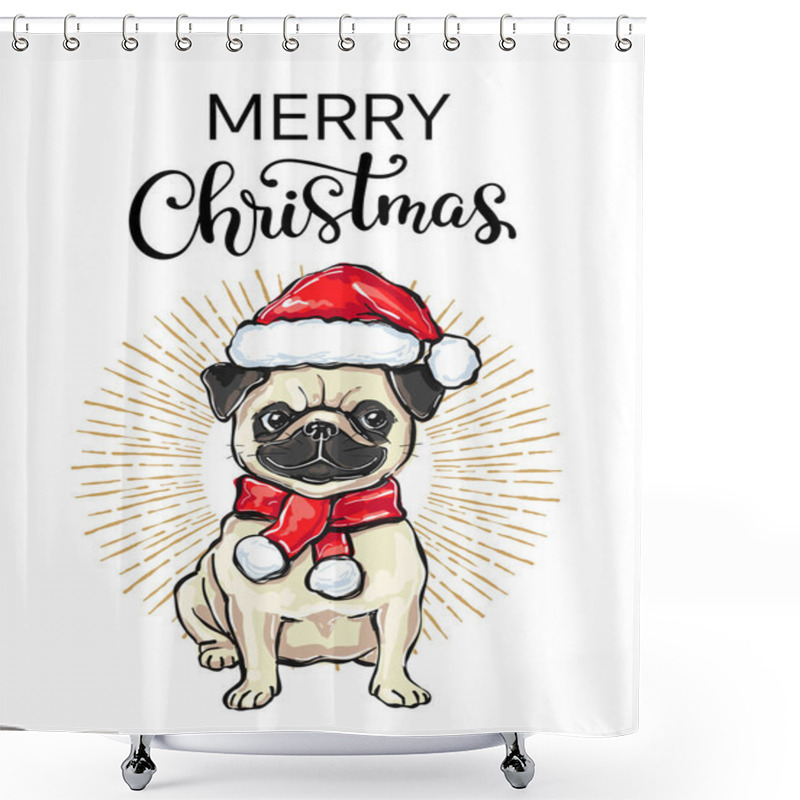 Personality  Vector Illustration Of A Hand Drawn Funny Pug In A Christmas Hat Shower Curtains