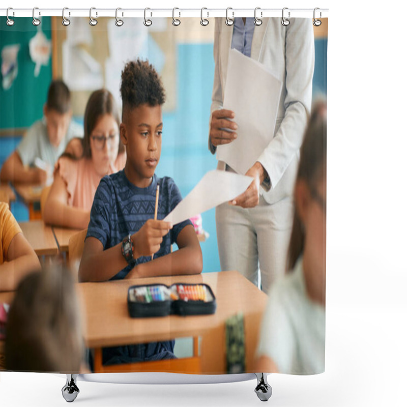 Personality  African American Schoolboy Receiving Test Results From His Teacher During A Class In The Classroom. Shower Curtains