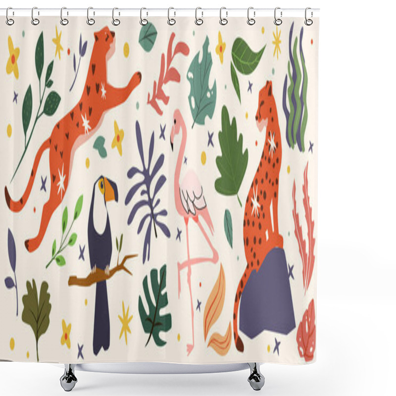 Personality  Jungle Animals Like Leopards, A Toucan, And A Flamingo Among Tropical Plants And Leaves. Stickers Related To Wildlife, Nature, And Exotic Themes. Set Of Vector Illustrations Shower Curtains