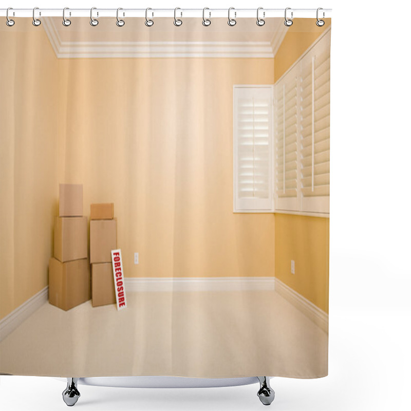 Personality  Moving Boxes And Foreclosure Real Estate Sign On Floor In Empty Room With Copy Space On Blank Wall. Shower Curtains