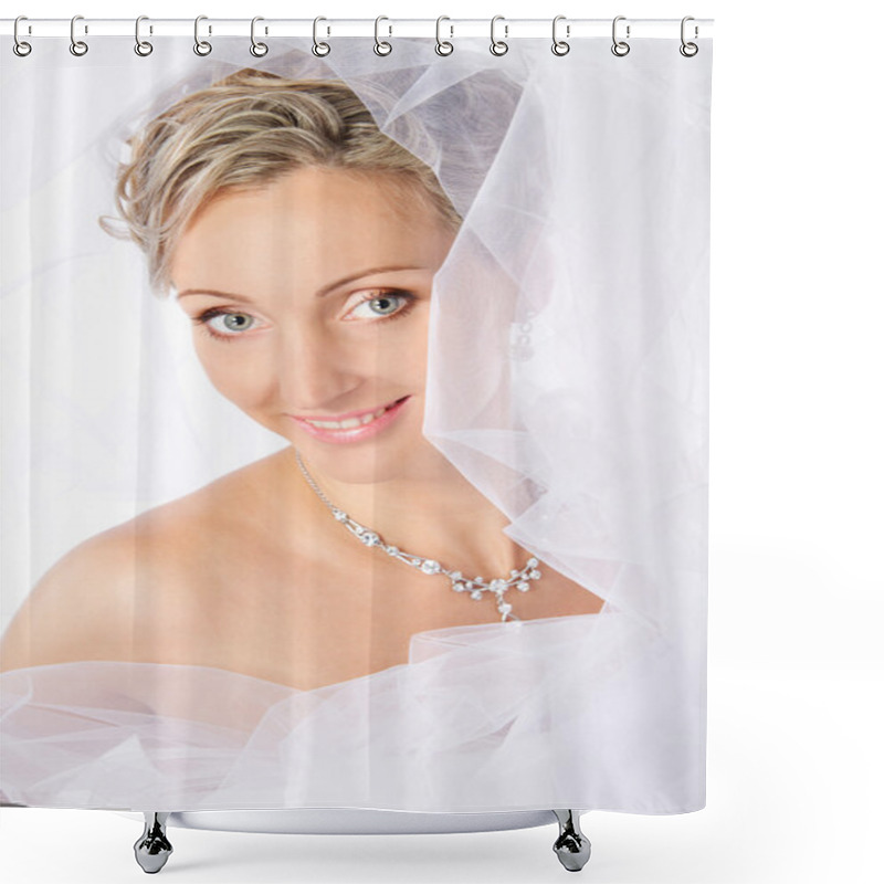 Personality  Bride In White Veil Smiling And Looking At Camera. Shower Curtains