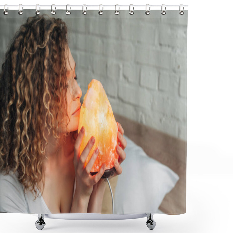 Personality  Tender Curly Girl In Homewear Holding Himalayan Salt Lamp In Bedroom Shower Curtains