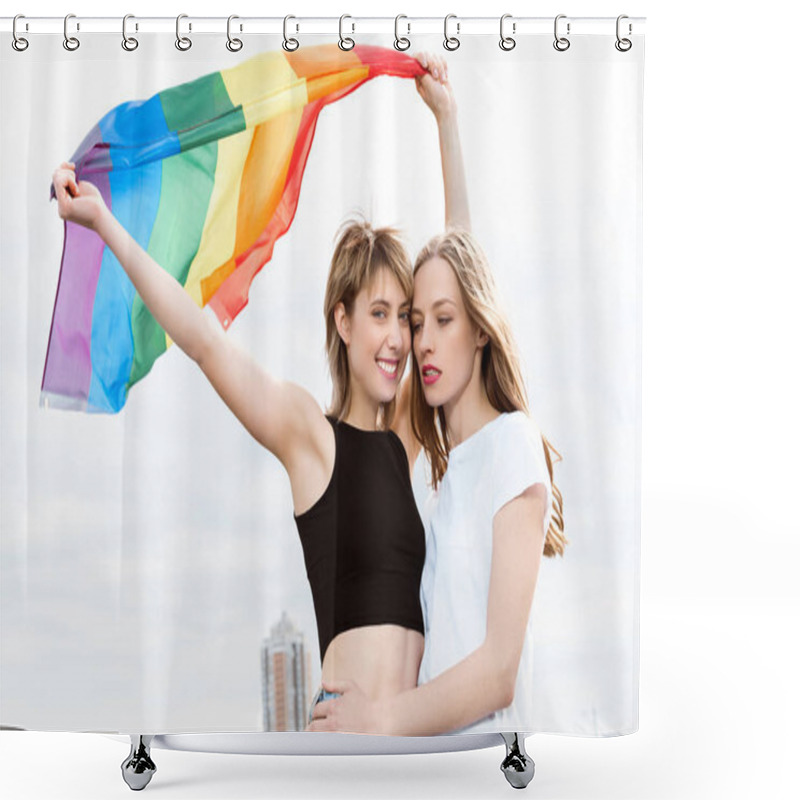 Personality  Lesbian Couple With Lgbt Flag Shower Curtains