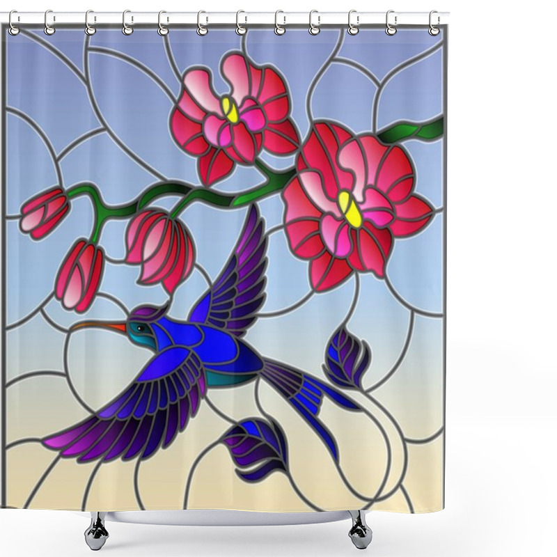 Personality  Illustration In Stained Glass Style With A Branch Of Pink Orchid And Bright Bird Hummingbird On A Sky Background Shower Curtains