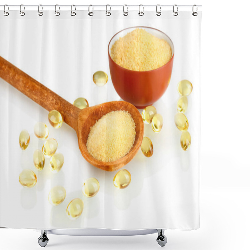 Personality  Gelatin In A Bowl And Wooden Spoon On White Background Close-up Shower Curtains