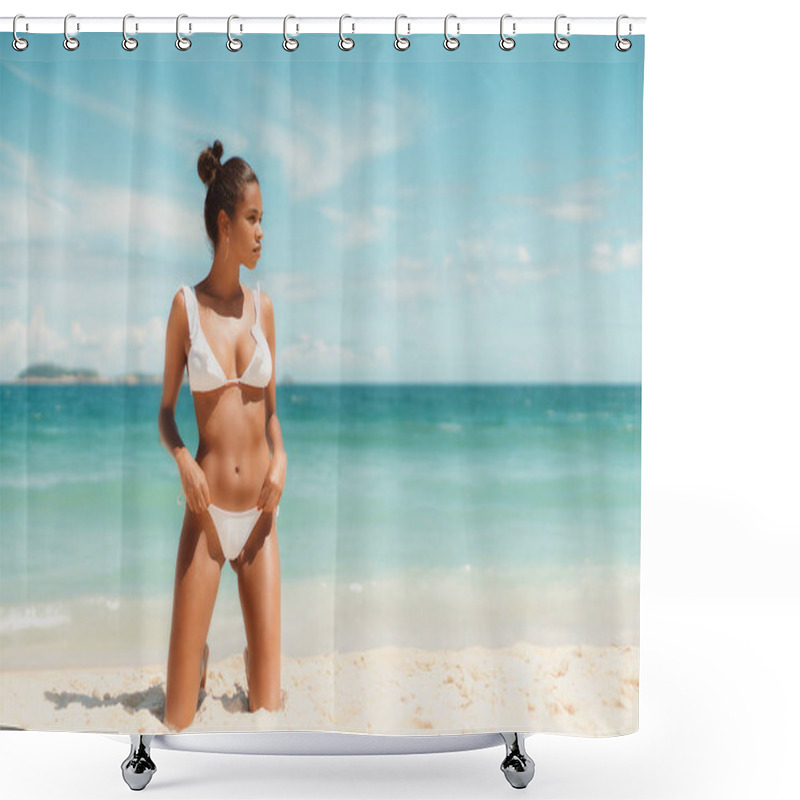 Personality  Black Young Girl In Swimsuit On Summer Beach Shower Curtains