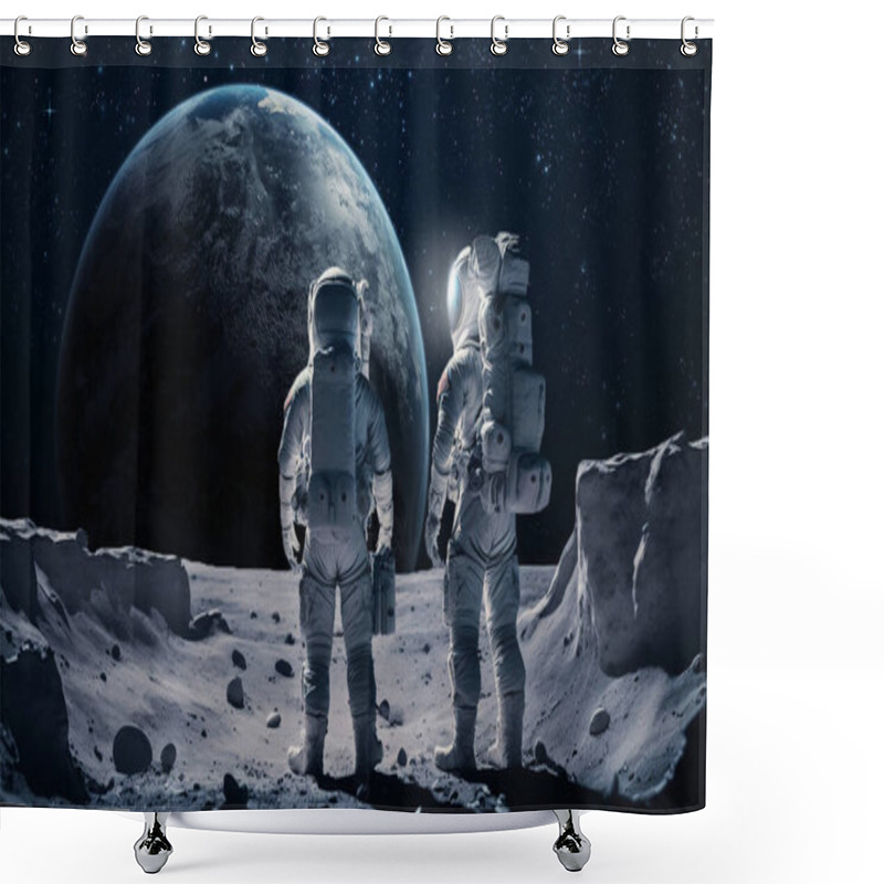 Personality  3d Rendering. Two Astronauts On The Moon, With Planet Earth In The Background. Shower Curtains