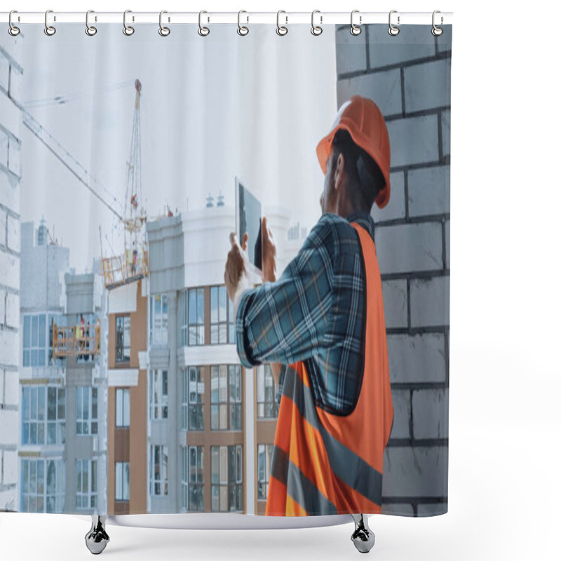 Personality  Builder Taking Photo With Digital Tablet On Construction Site Shower Curtains