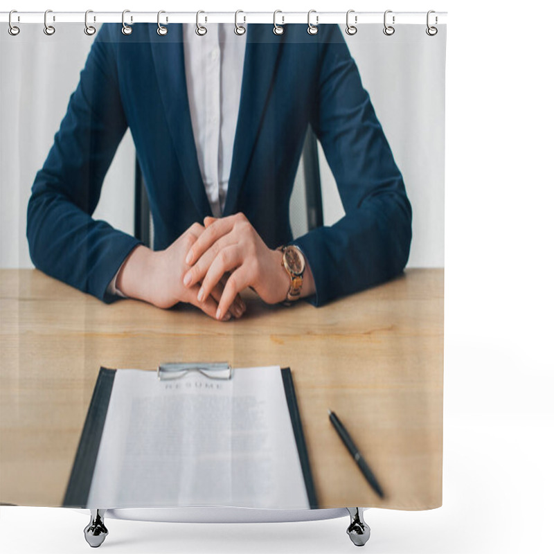 Personality  Cropped View Of Recruiter Sitting Near Clipboard With Resume On Table  Shower Curtains