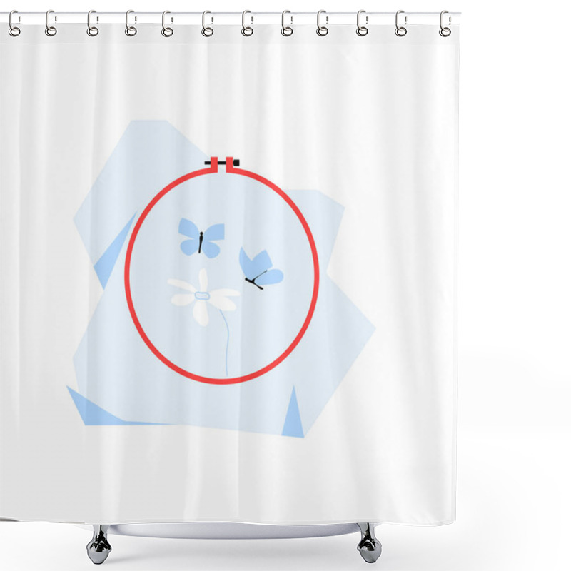 Personality  Embroidery Hoop Featuring Floral And Butterfly Designs, Symbolizing Nature Inspired Creativity And Fine Craftsmanship. Flat Vector Illustration, Isolated On White Background. Shower Curtains