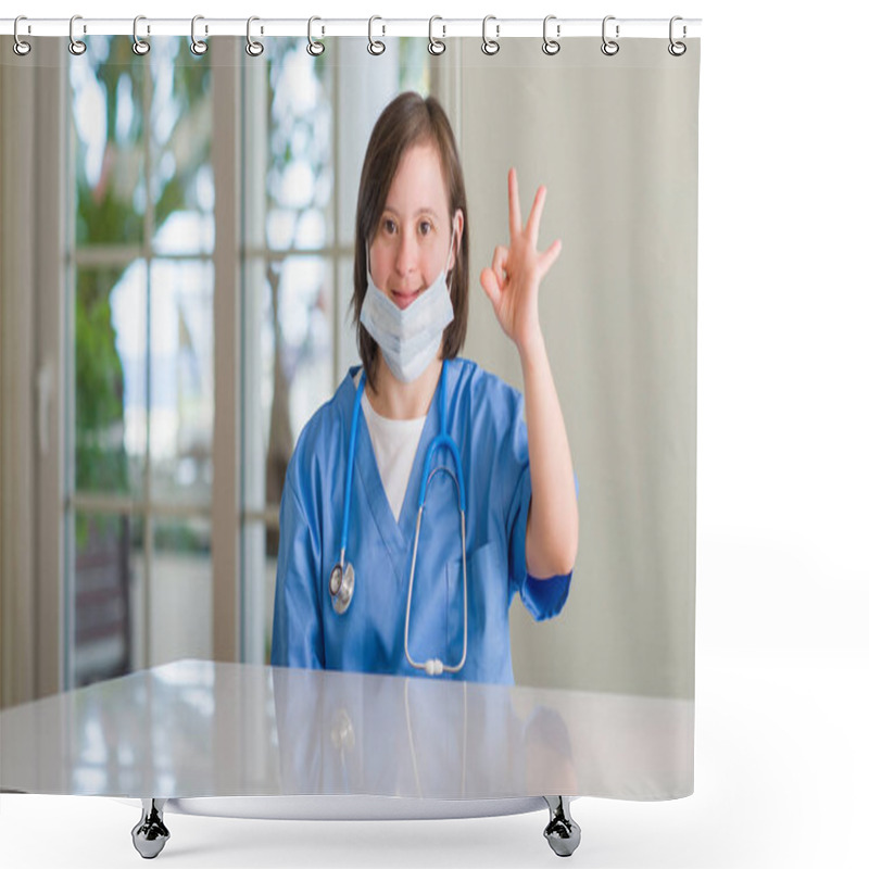 Personality  Down Syndrome Woman Wearing Nurse Uniform Doing Ok Sign With Fingers, Excellent Symbol Shower Curtains