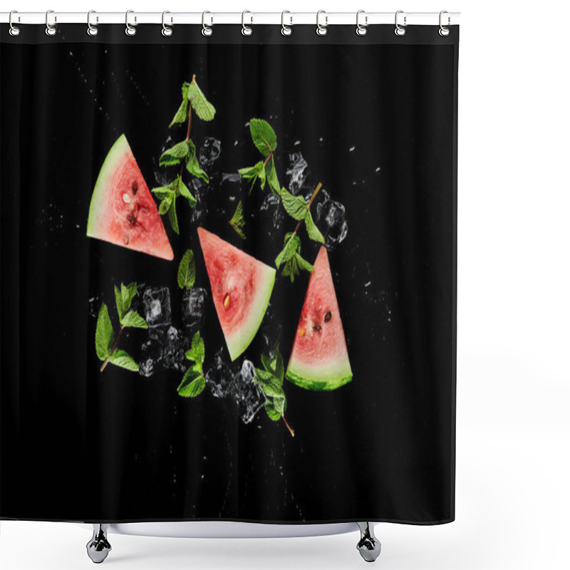 Personality  Top View Of Red Watermelon Slices With Mint And Ice Isolated On Black Shower Curtains