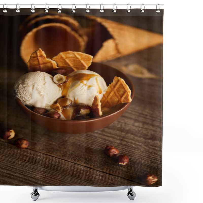 Personality  Delicious Ice Cream With Pieces Of Waffle And Hazelnuts In Bowl On Wooden Table Shower Curtains