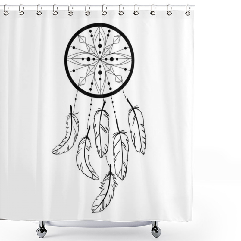 Personality  The Dreamcatcher's Silhouette Is Decorated With Feathers And Beads. Hand-drawn Vector Illustration. Shower Curtains