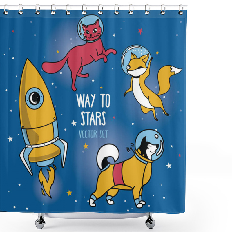 Personality  Cute Doodle Animal-astronauts And Retro Style Rocket Floating In Space Shower Curtains