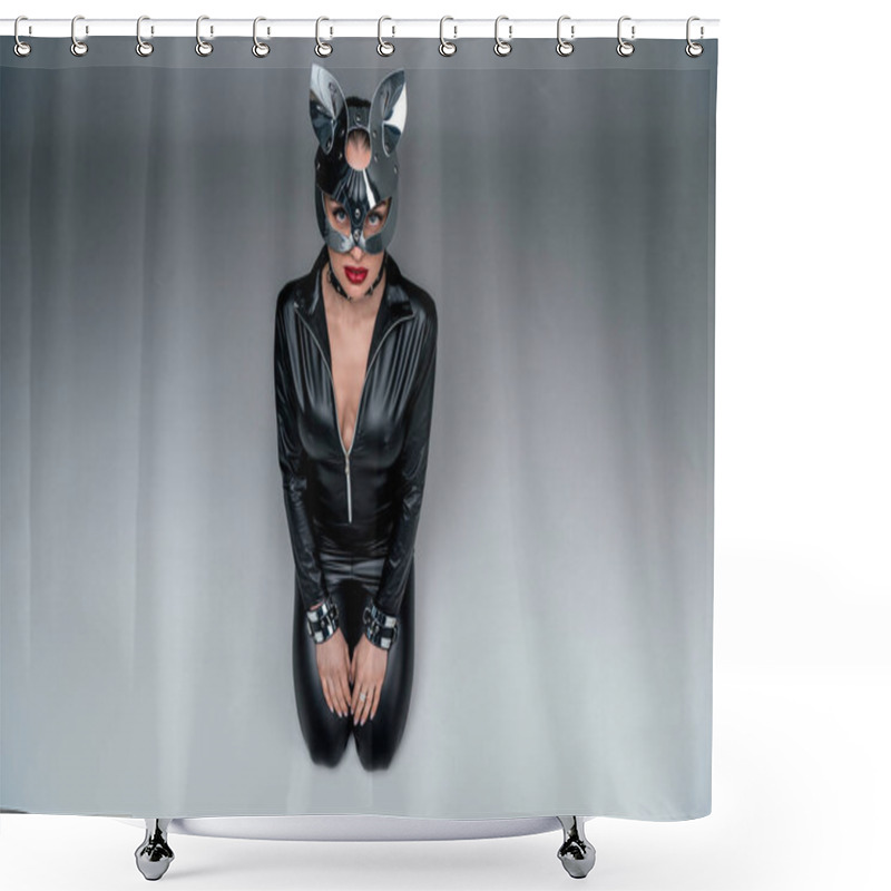 Personality  Seductive Young Woman In Mask Sitting In Submissive Position Shower Curtains