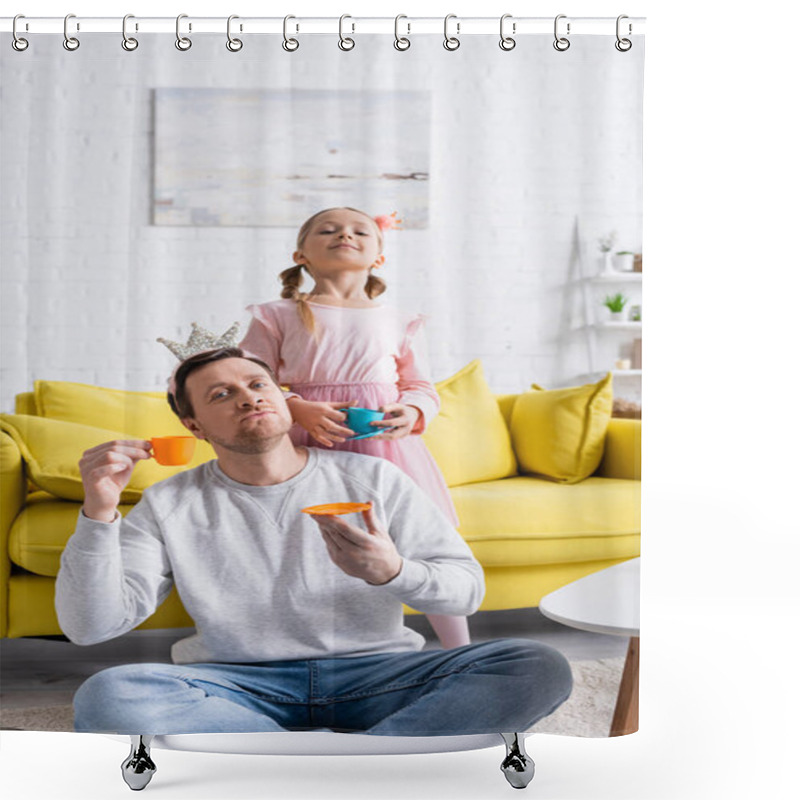 Personality  Cheerful Daughter And Father Looking At Camera While Holding Toy Cups Shower Curtains