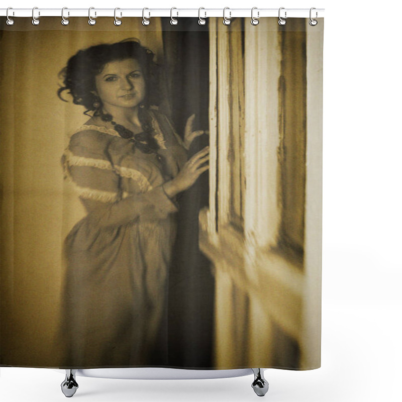 Personality  Photo Of Curly Brunette In Retro Style With Sepia Effect Shower Curtains