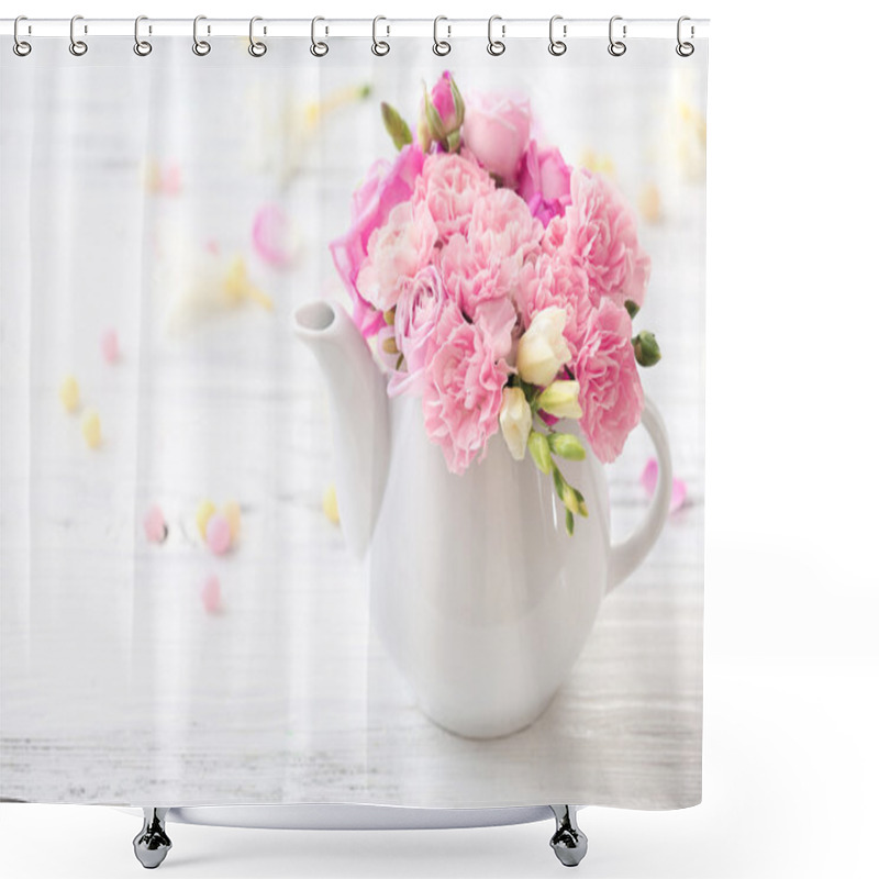 Personality  Beautiful Spring Flowers In Teapot On Wooden Table, Closeup Shower Curtains