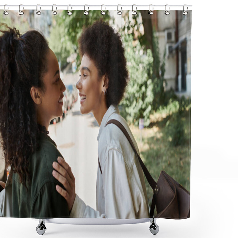 Personality  A Happy Lesbian Couple Shares Laughter While Exploring The Outdoors On A Sunny Day. Shower Curtains