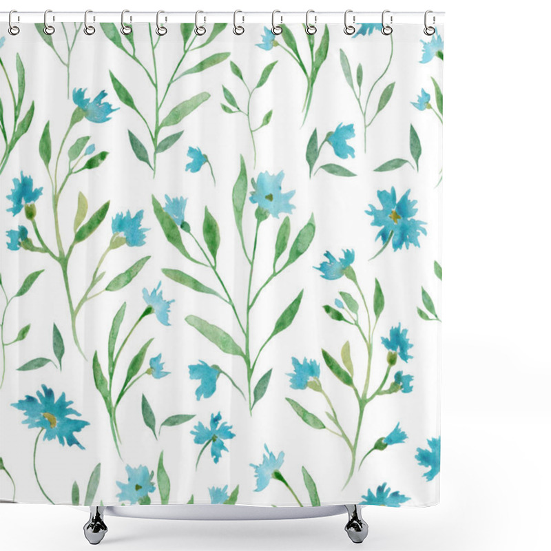 Personality  Watercolor Seamless Pattern With Abstract Blue Flowers, Green Leaves, Branches. Hand Drawn Floral Illustration Isolated On White Background. For Packaging, Wrapping Design Or Print. Shower Curtains