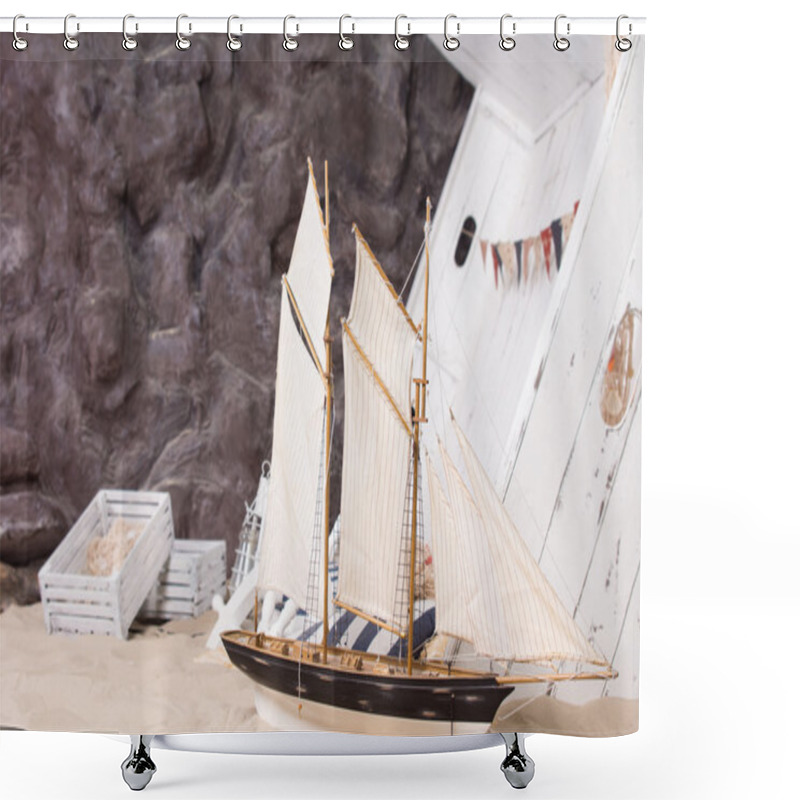 Personality  Toy Yacht And Wrecked Wooden Ship Shower Curtains