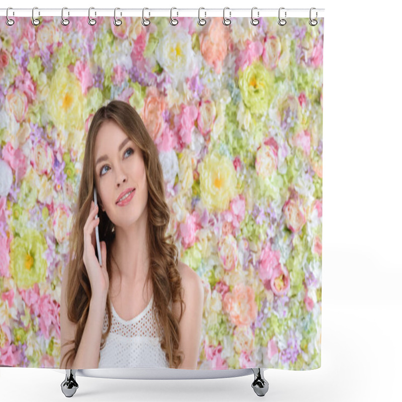 Personality  Happy Young Woman Talking By Phone On Floral Background Shower Curtains