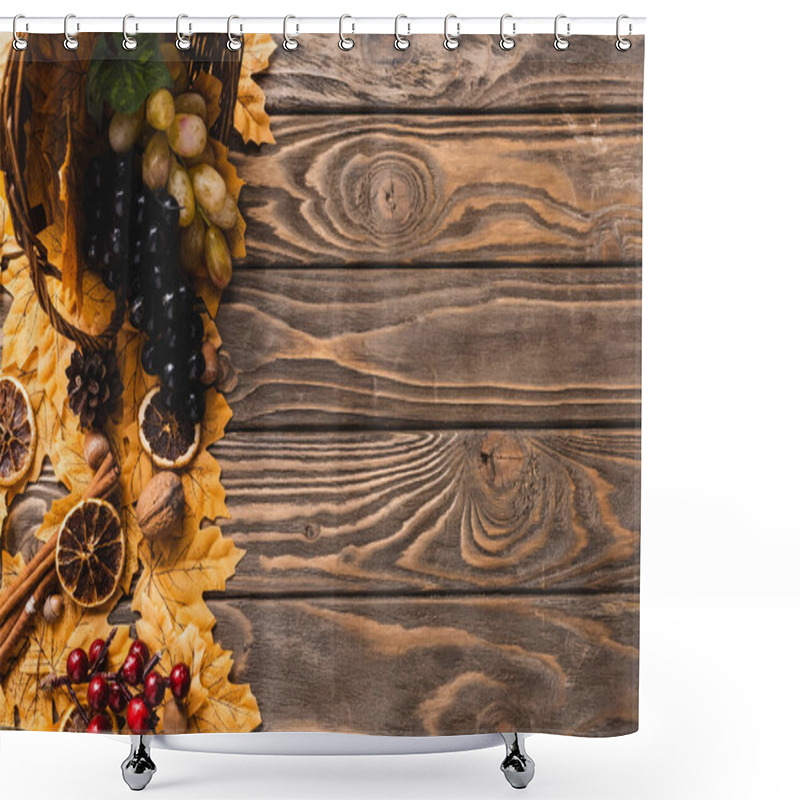 Personality  Top View Of Autumnal Harvest Scattered From Basket On Foliage On Brown Wooden Background Shower Curtains