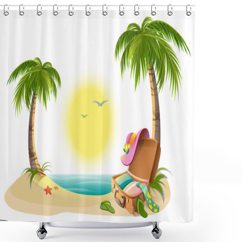 Personality  Beach Holidays On Summer Vacations. Tropical Sun, Sea, Palm Trees, Sand And Open Suitcase Shower Curtains