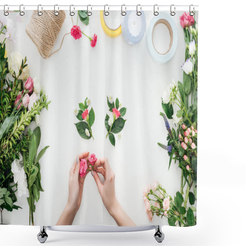 Personality  Cropped View Of Female Hands Holding Rose Buds Over Boutonnieres And Surrounded By Flowers On White Background Shower Curtains