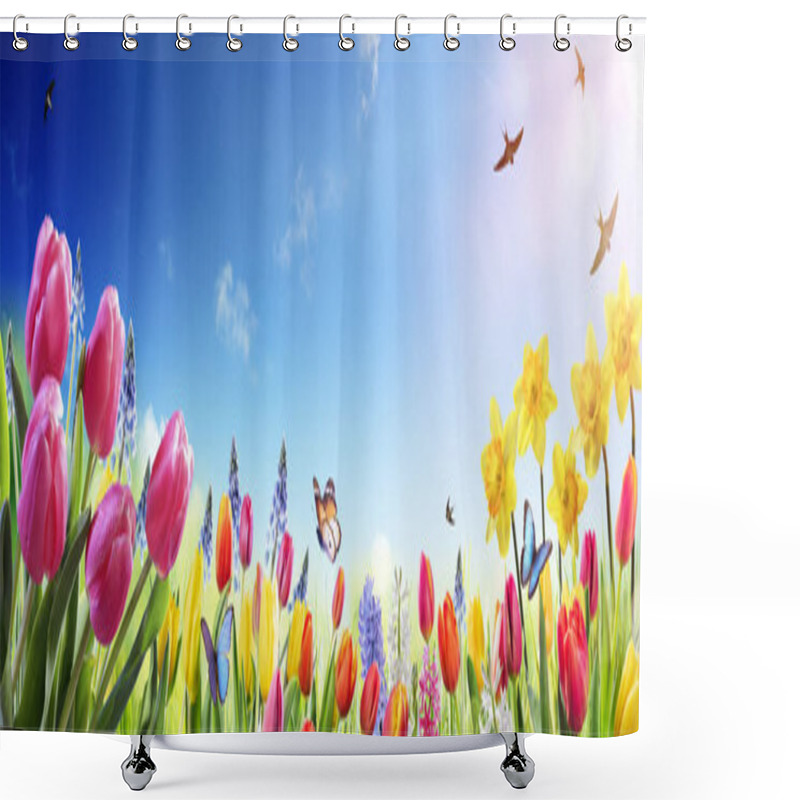 Personality  Tulips And Daffodils In Sunny Field - Spring Flowers Shower Curtains