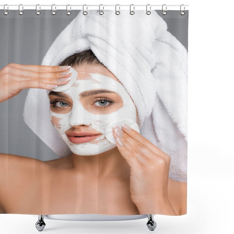 Personality  Woman With Towel On Head Rinsing Clay Mask Off Face With Cotton Pads Isolated On Grey Shower Curtains