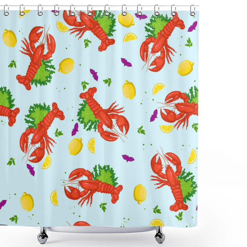 Personality  Seamless Pattern With Lobsters And Lemons. Vector Graphics. Shower Curtains