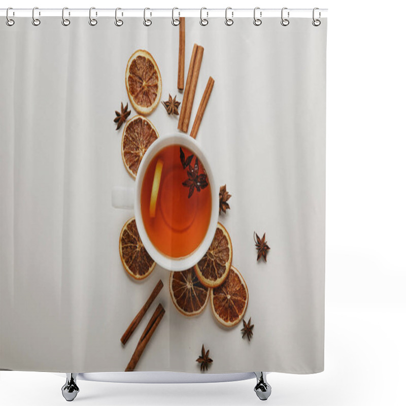 Personality  Flat Lay With Arranged Cinnamon Sticks, Anise Stars, Dried Orange Pieces And Cup Of Hot Tea On White Background Shower Curtains