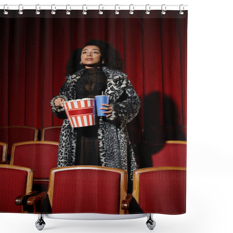 Personality  Stylish African American Woman In Leopard-print Reacts To Movie In Dark Cinema, Holding Popcorn And A Drink. Shower Curtains