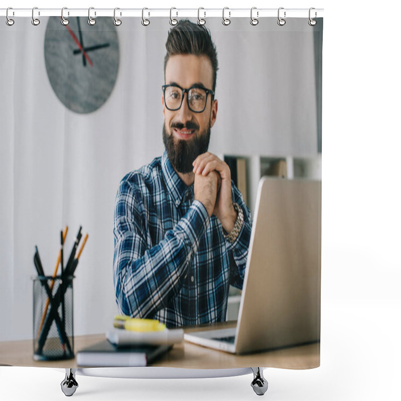 Personality  Handsome Smiling Businessman In Eyeglasses Looking At Camera While Sitting At Workplace With Laptop Shower Curtains