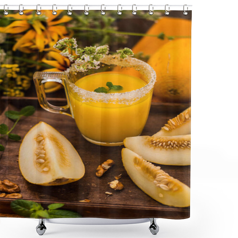 Personality  Fresh And Ripe Melon   Juice. Wooden Background. Close-up Shower Curtains